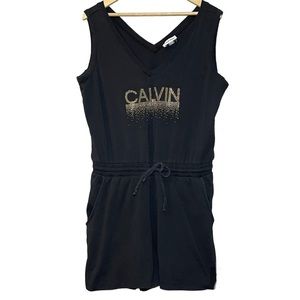 Calvin Klein sleeveless romper, gold toned logo. Elastic/drawstring. Women’s L